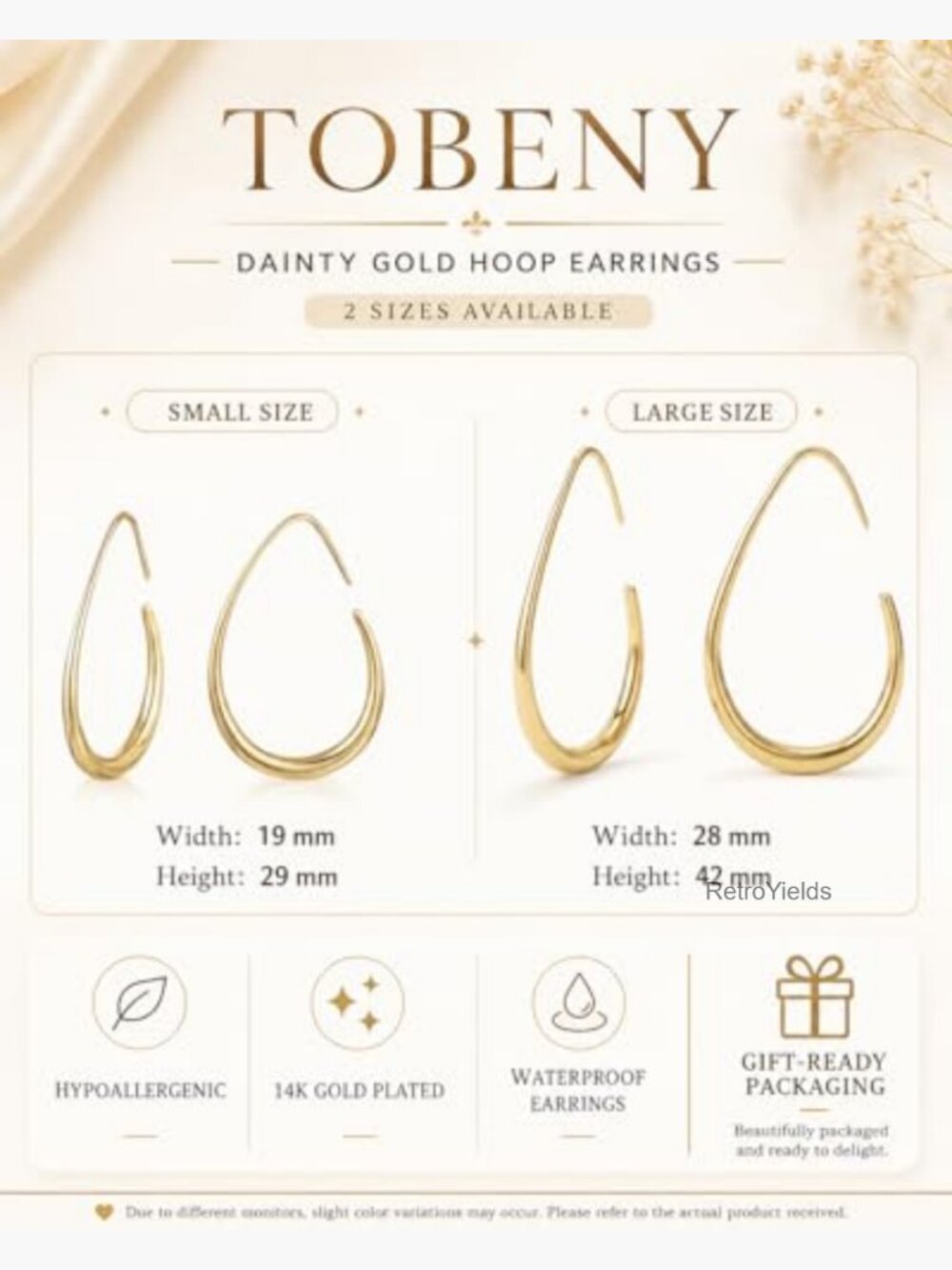 Teardrop Hoop Earrings 14K Gold Plated Oval Pull Through Hypoallergenic - Picture 4 of 7